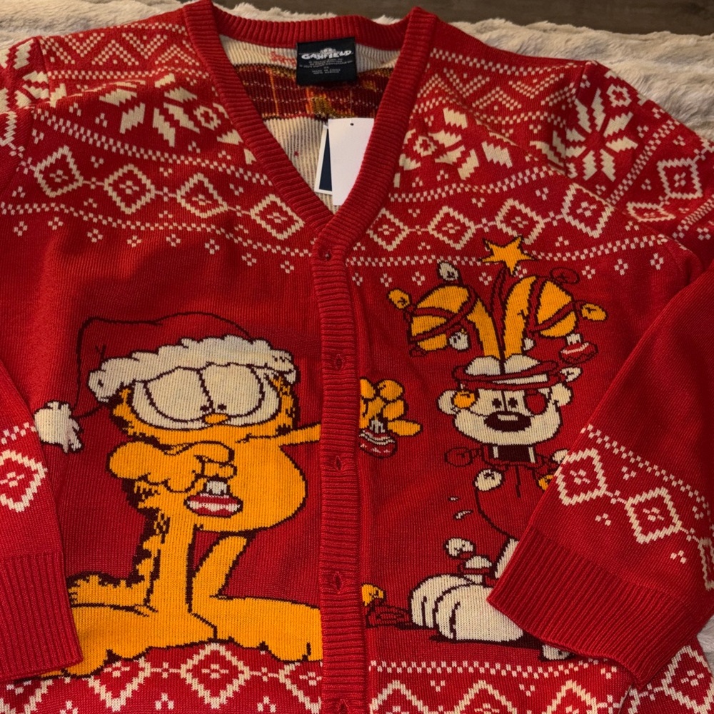 Nickelodeon Garfield Holiday Cardigan - Red and Orange Nordic Pattern